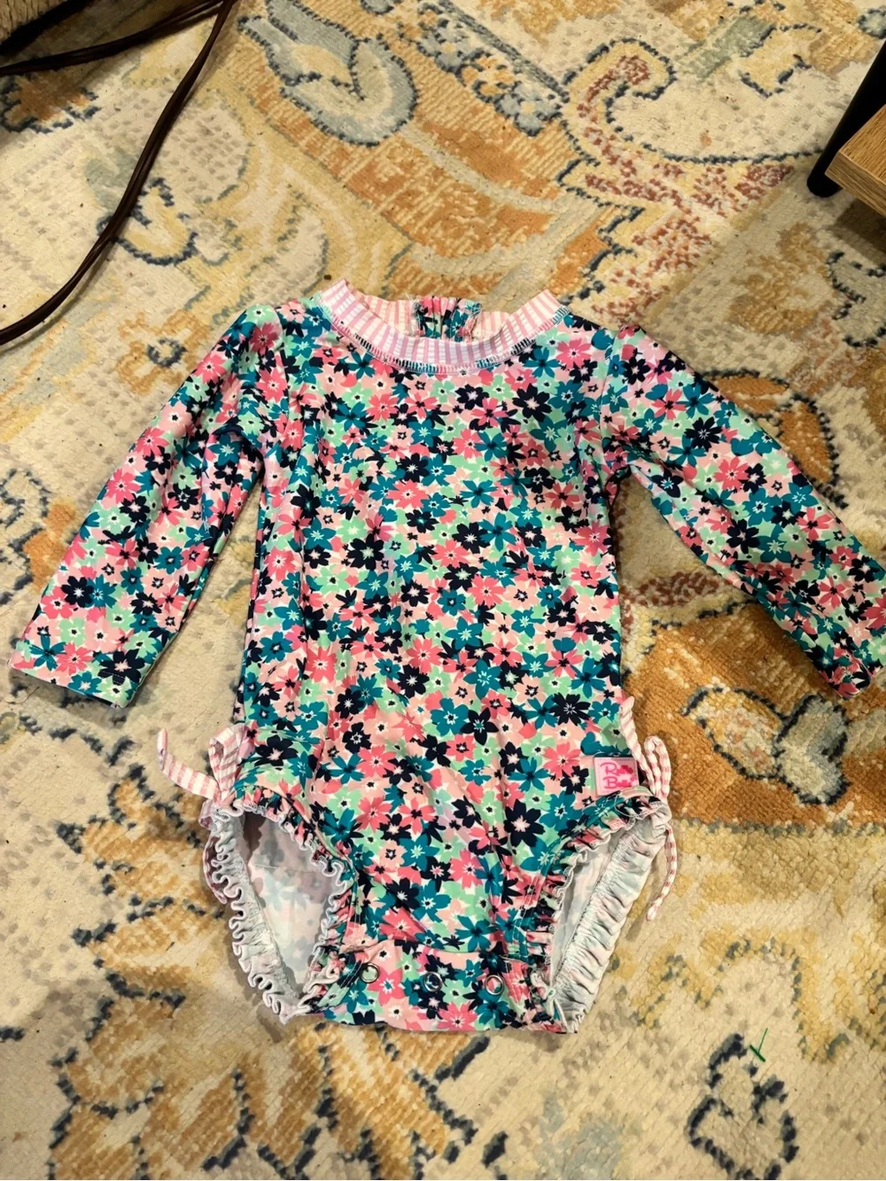 Ruffle Butts Pink Teal Floral Long-Sleeve One-Piece Swimsuit